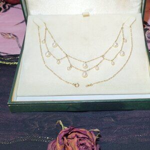 T & C 10K Gold and Real Pearl Teardrop Layered Necklace